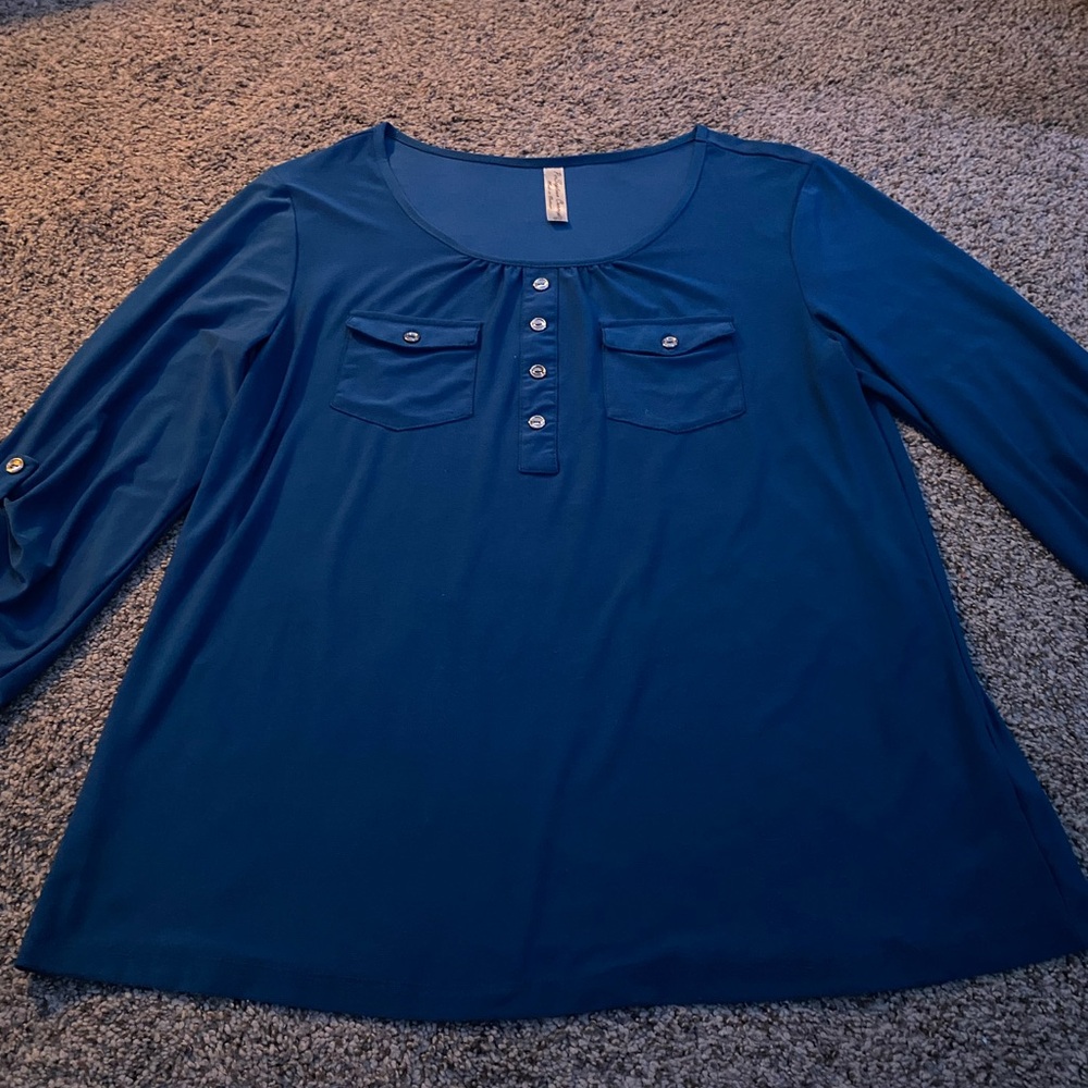 PerSeption Concept Blue 3/4 Sleeve Blouse with Polo Collar